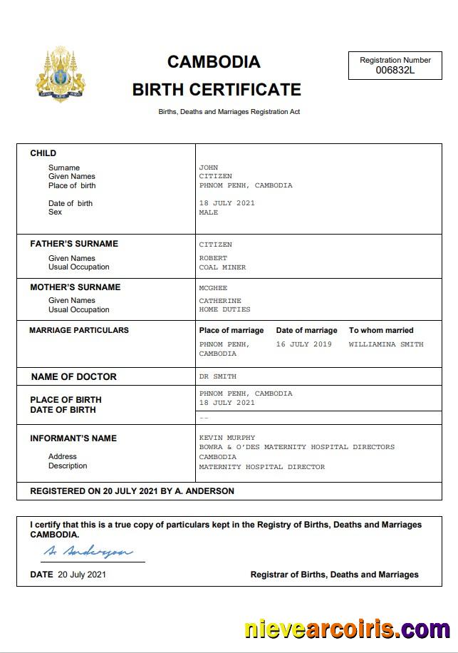 Cambodia birth certificate